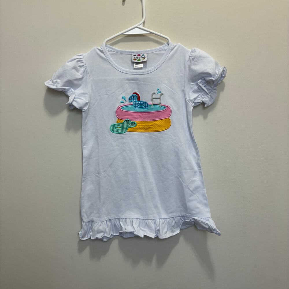 Girls Size 10 Pool Applique Top Ruffle Hem White Short Sleeve Shirt